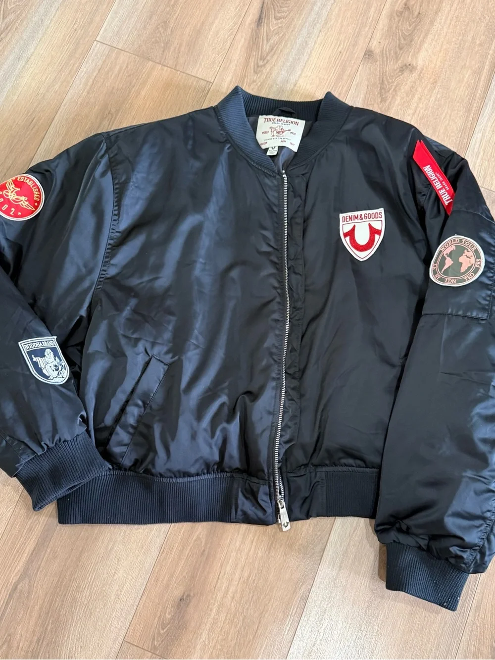 True Religion World Tour Bomber Jacket 3XL Multi-Patch Black